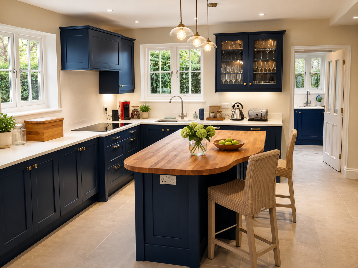 Navy blue shaker kitchen with oak island, pendant lights and white worktops